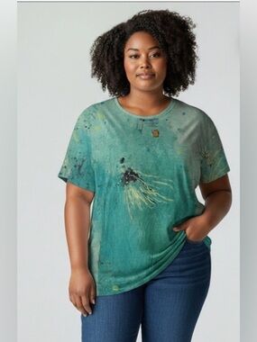 3 Potato Teal Green Abstract Paint-Splatter Layered Tee XL